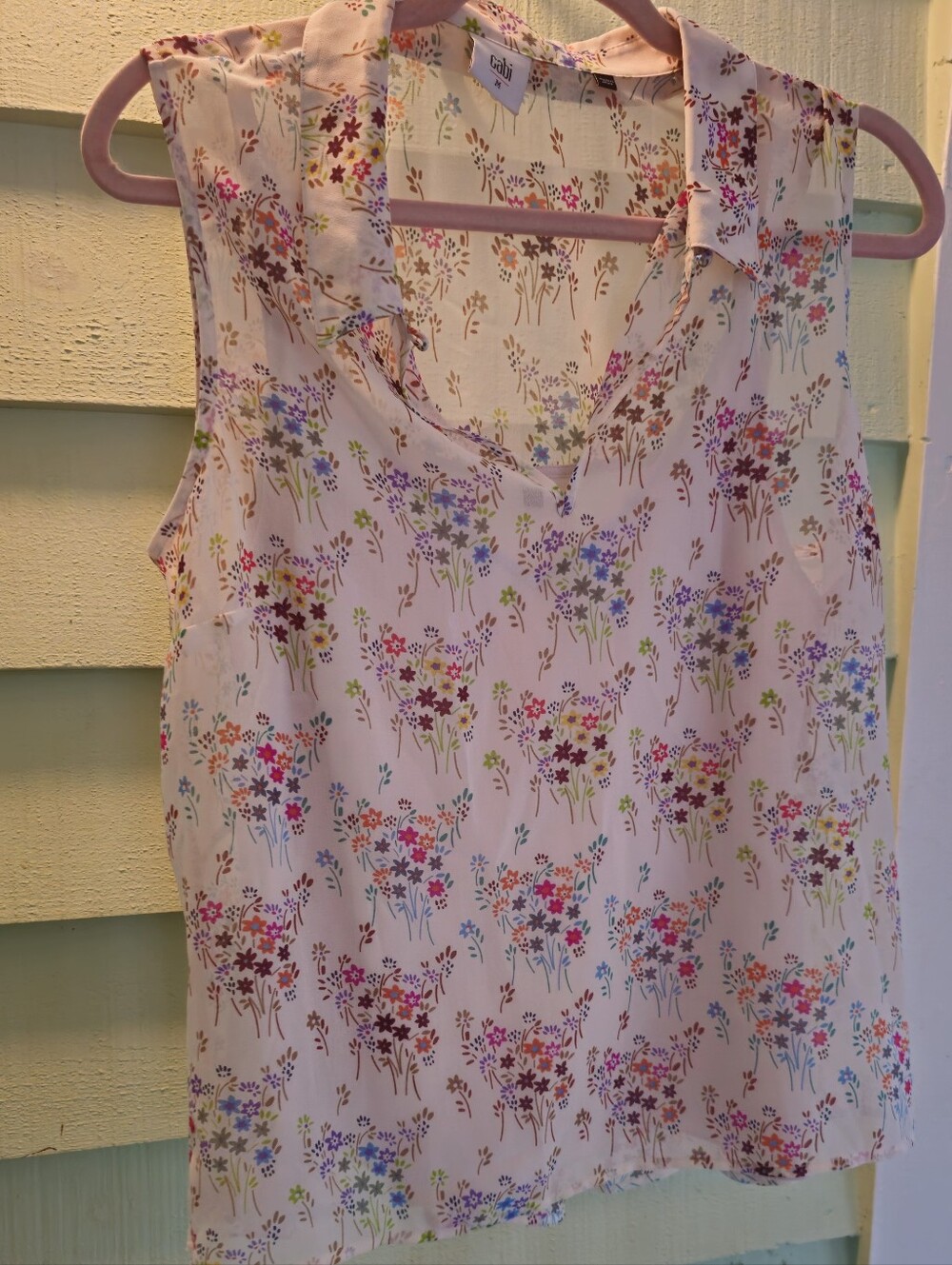 Cabi Floral Sleeveless Blouse Size M Sheer Chiffon Style 5535 White Multi Color